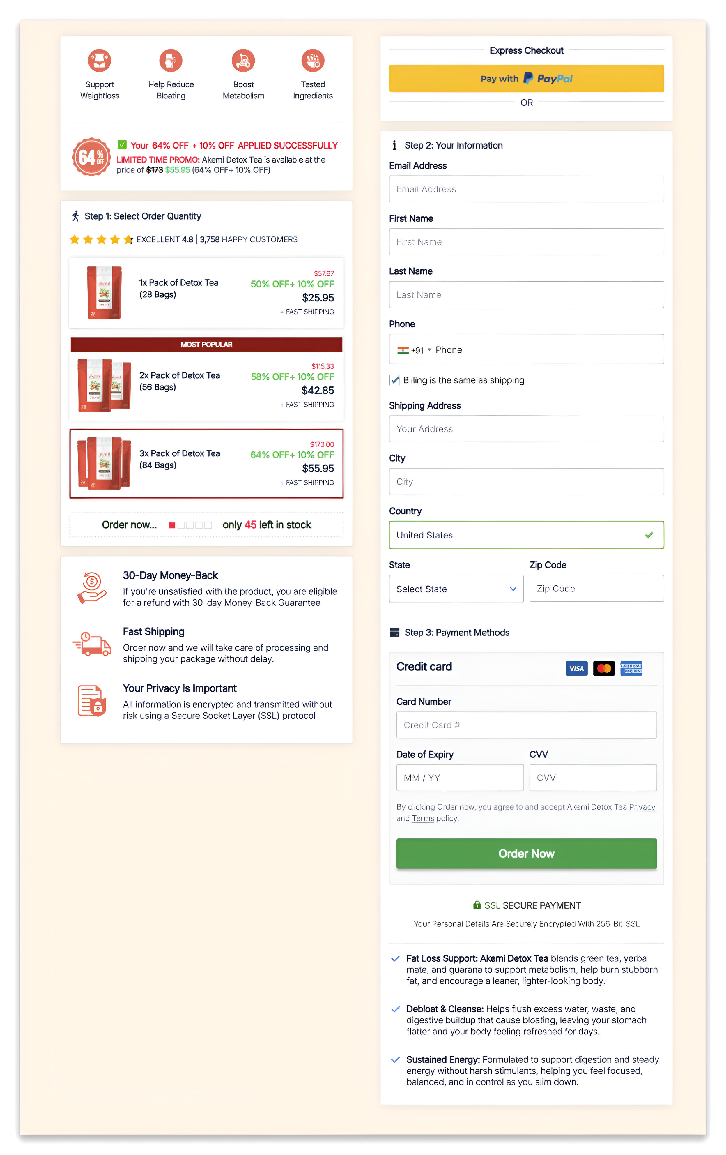 Akemi Detox Tea checkout page.